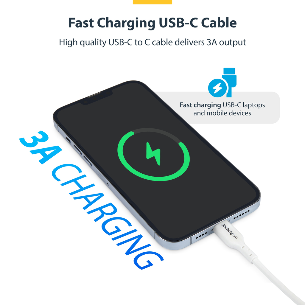 StarTech.com 3m (9.8ft) White USB-C Charging Cable, USB C Cable, USB 2.0 Type-C Laptop Charger Cord, 60W 3A Power Delivery, TPE - Image 7