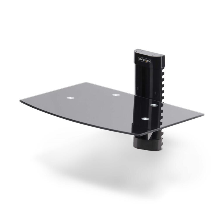 StarTech.com Floating Wall-Mounted AV Shelf, Adjustable Height Shelf For Under TV, Organize A/V Equipment On Black Tempered Gla