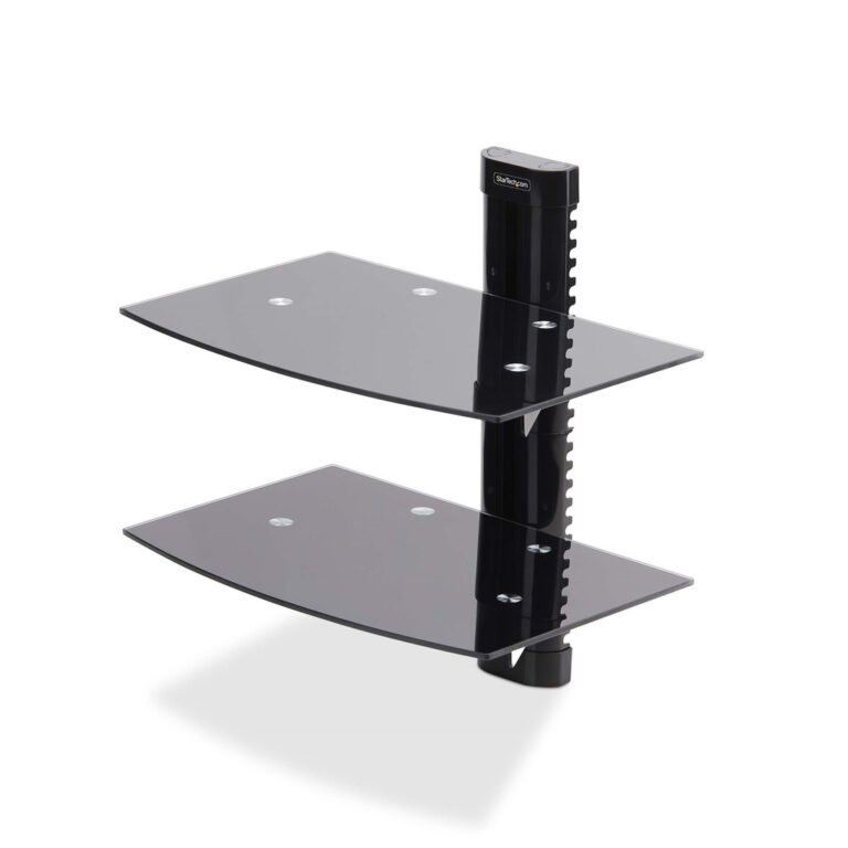 StarTech.com Dual Floating Wall-Mounted AV Shelves, Adjustable Height Shelf For Under TV, Organize A/V Equipment On Black Tempe