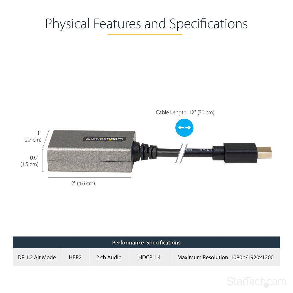 StarTech.com Mini DisplayPort to HDMI Adapter - mDP to HDMI Adapter Dongle - 1080p - Mini DisplayPort 1.2 to HDMI Monitor/Displ - Image 2