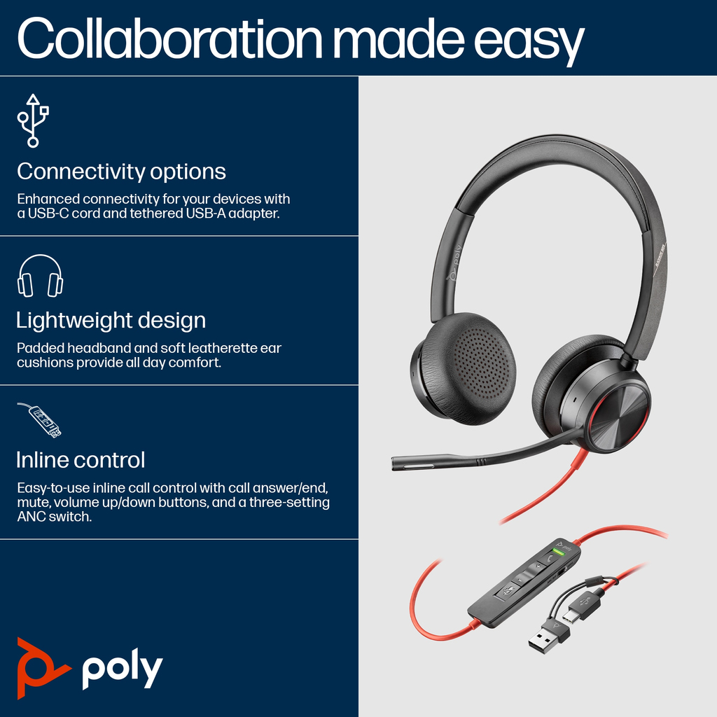 POLY Blackwire 8225 Stereo USB-C Headset +USB-C/A Adapter - Image 6