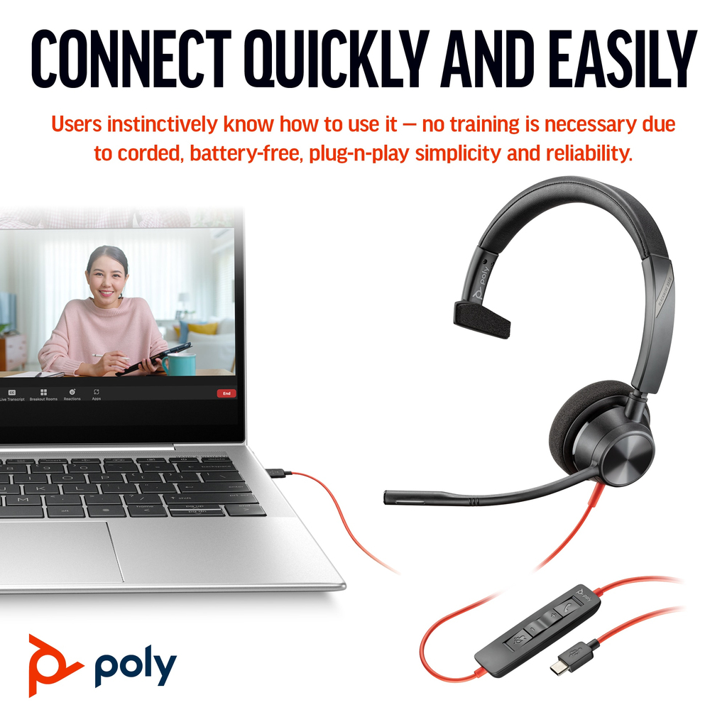POLY Blackwire 3310 Monaural USB-C Headset +USB-C/A Adapter - Image 8
