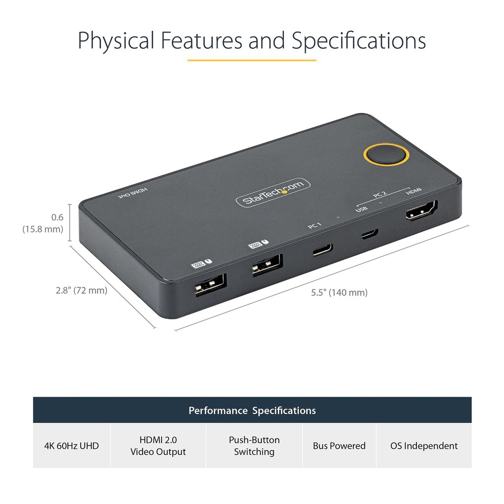 StarTech.com 2 Port Hybrid USB-A + HDMI & USB-C KVM Switch - Single 4K 60Hz HDMI 2.0 Monitor - Compact Desktop and/or Laptop HD - Image 6