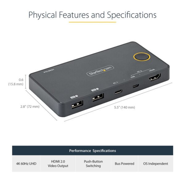 StarTech.com 2 Port Hybrid USB-A + HDMI & USB-C KVM Switch - Single 4K 60Hz HDMI 2.0 Monitor - Compact Desktop and/or Laptop HD - Image 7