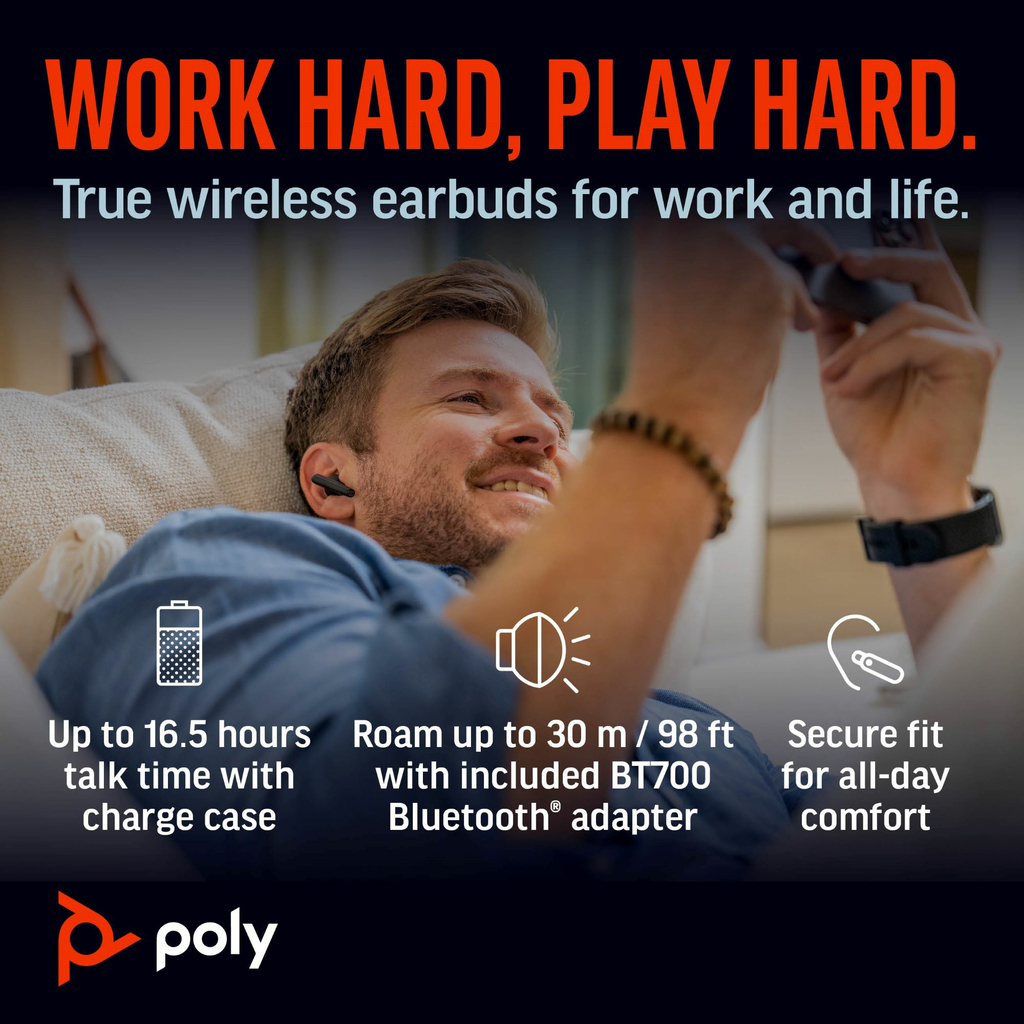POLY Voyager Free 60+ UC M Carbon Black Earbuds +BT700 USB-C Adapter +Touchscreen Charge Case - Image 9