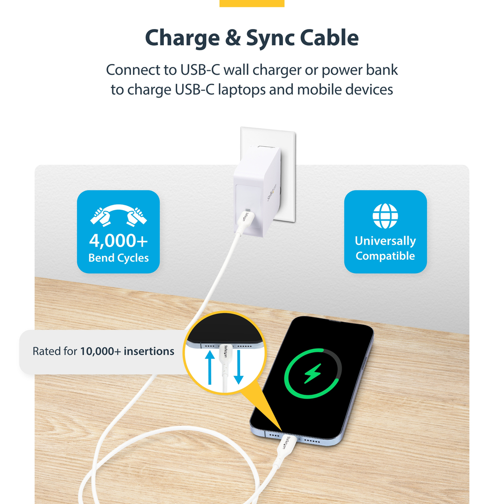 StarTech.com 3m (9.8ft) White USB-C Charging Cable, USB C Cable, USB 2.0 Type-C Laptop Charger Cord, 60W 3A Power Delivery, TPE - Image 3