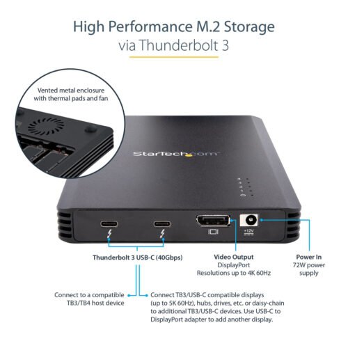 StarTech.com 4 Bay Thunderbolt 3 NVMe Enclosure, For M.2 NVMe SSD Drives, 1x DisplayPort Video/ 2x TB3 Downstream Ports, 40Gbps - Image 9