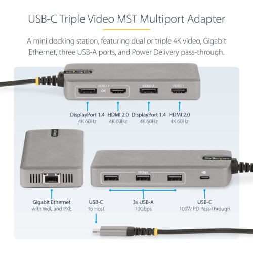 StarTech.com USB-C Triple Monitor Multiport Adapter, Dual 4K 60Hz + 4K 30Hz HDMI & DisplayPort, 3-Port USB 10Gbps Hub, 100W PD - Image 8