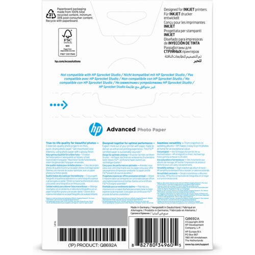 HP Advanced Photo Paper, Glossy, 250 g/m2, 10 x 15 cm (101 x 152 mm), 100 sheets - Image 2