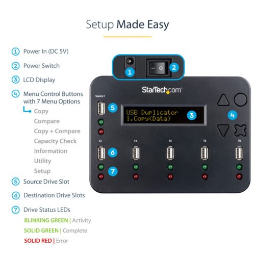 StarTech.com Standalone 1 to 5 USB Thumb Drive Duplicator and Eraser, Multiple USB Flash Drive Copier, System and File and Whol - Image 3