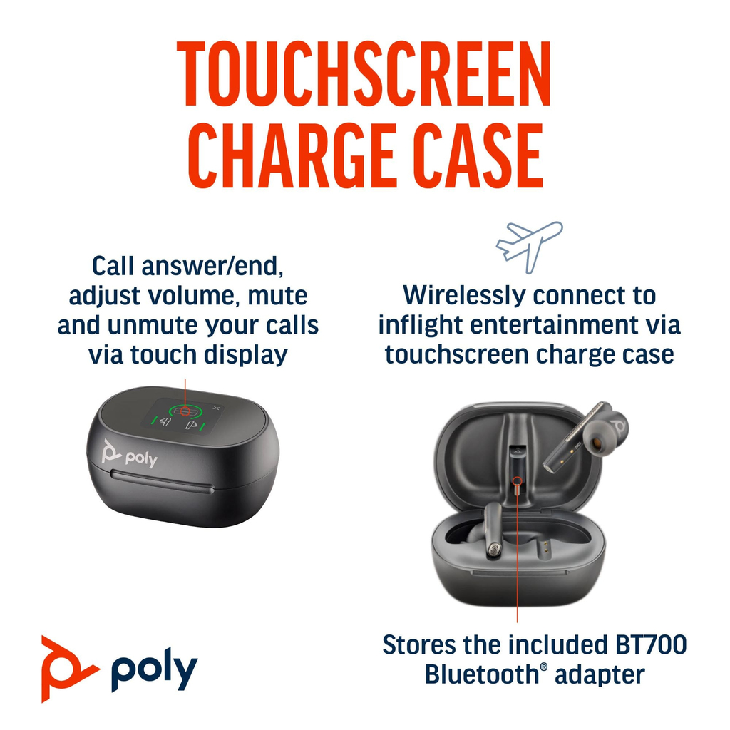 POLY Voyager Free 60+ UC Carbon Black Earbuds +BT700 USB-C Adapter +Touchscreen Charge Case - Image 3