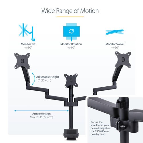 StarTech.com Triple Monitor Desk Mount For Up To Three 27in Screens, VESA 75x75/100x100, Tool-Less Arm Adjustments, C-Clamp/Gro - Image 9