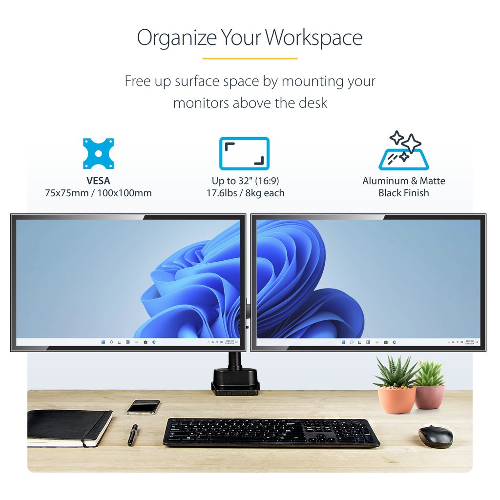 StarTech.com Desk Mount Dual Monitor Arm, Full Motion Monitor Mount for 2x VESA Displays up to 32" (17.6lb/8kg), Height Adjusta - Image 2