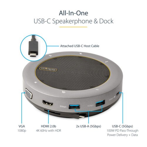 StarTech.com USB-C Speakerphone Docking Station, Mini Portable Conference Speaker and Audio Dock, USB-C to VGA/4K HDMI, 2x USB- - Image 5