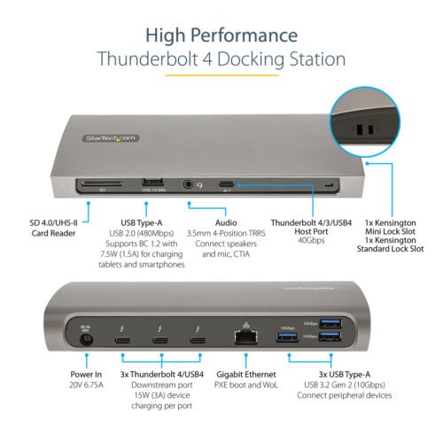 StarTech.com Thunderbolt 4 Dock, 96W Power Delivery, Single 8K/Dual Monitor 4K 60Hz, 3xTB4/USB4 ports, 4xUSB-A, SD, GbE, Thunde - Image 7