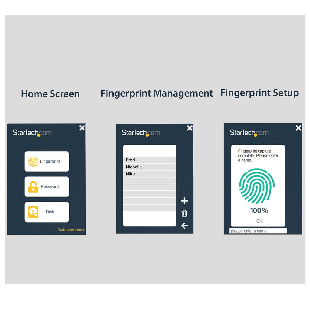 StarTech.com Biometric Enclosure - Encrypted USB 3.0 2.5" SATA Hard Drive Enclosure - Fingerprint/Password Access - 256-bit AES - Image 10