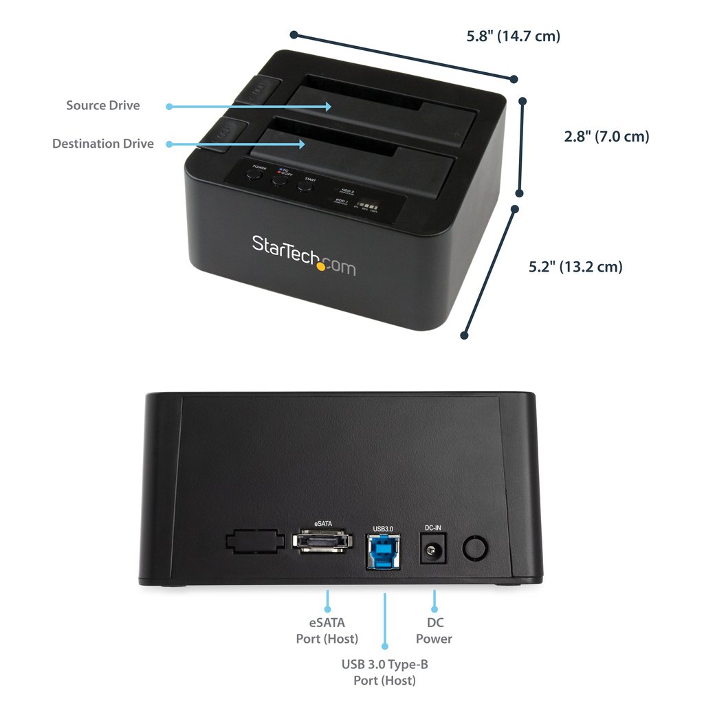 StarTech.com Dual Bay Hard Drive Duplicator, Standalone USB 3.0 (5 Gbps) / eSATA to 2.5/3.5" SATA III HDD/SSD Cloner/Copier, Ha - Image 8