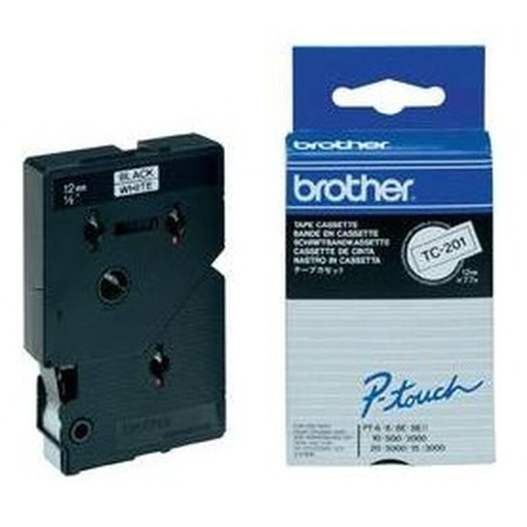 Brother Gloss Laminated Labelling Tape - 12mm, Black/White, 10-pk label-making tape TC