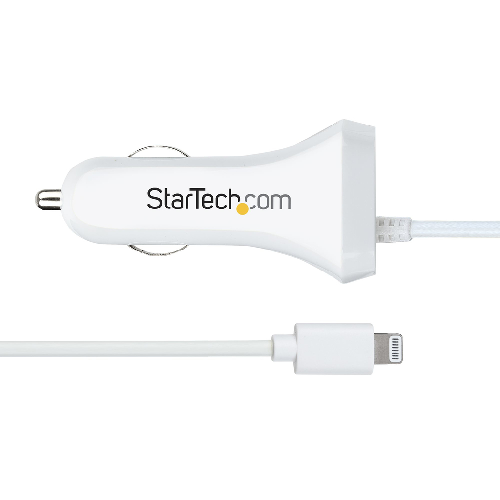 StarTech.com Lightning Car Charger with Coiled Cable, 1m Coiled Lightning Cable, 12W, White, 2 Port USB Car Charger Adapter for - Image 2