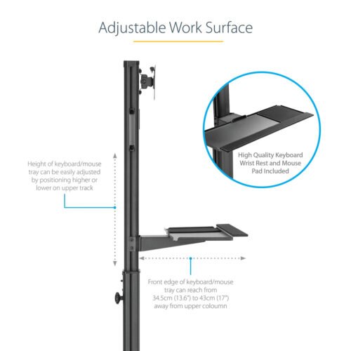 StarTech.com Mobile Workstation Cart with Monitor Mount, CPU/PC Holder, Keyboard Tray - Ergonomic Height Adjustable Desktop Com - Image 24