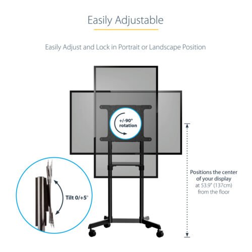 StarTech.com Mobile TV Cart - Portable Rolling TV Stand for 37-70" VESA Display (154lb/70kg) - TV Stand w/Shelf & Storage Compa - Image 2