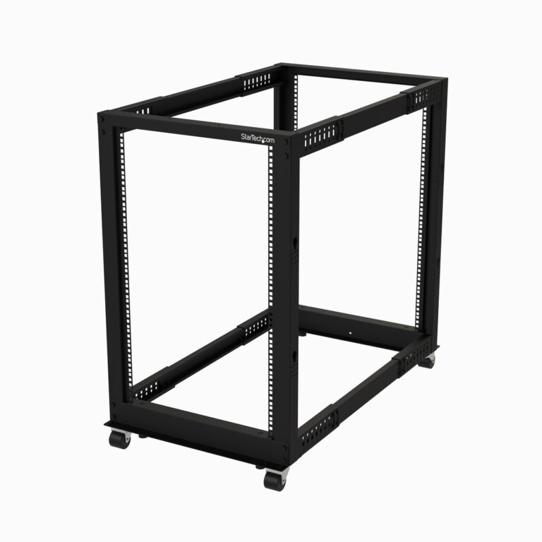 StarTech.com 4-Post 18U Mobile Open Frame Server Rack, Four Post 19" Network Rack with Wheels, Rolling Rack with Adjustable Dep