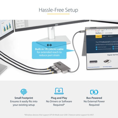 StarTech.com 3-Port USB-C MST Hub - USB Type-C to 3x HDMI Multi-Monitor Adapter for Laptop - Triple HDMI up to 4K 60Hz with DP - Image 2