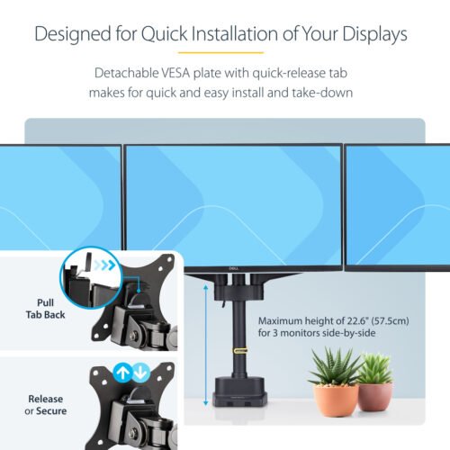StarTech.com Triple Monitor Desk Mount For Up To Three 27in Screens, VESA 75x75/100x100, Tool-Less Arm Adjustments, C-Clamp/Gro - Image 8