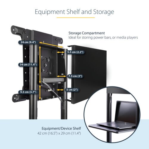 StarTech.com Mobile TV Cart - Portable Rolling TV Stand for 37-70" VESA Display (154lb/70kg) - TV Stand w/Shelf & Storage Compa - Image 3