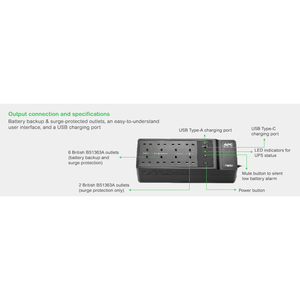 APC Back-UPS, 1050VA/600W Floor/Wall Mount, 230V, 8x British BS1363A outlets, USB Type A+C Port, User Replaceable Battery - Image 6