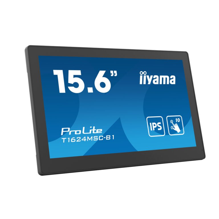 iiyama 15.6” Full HD PCAP 10pt touchscreen monitor with IPS panel technology, integrated media player and a hinged stand on t