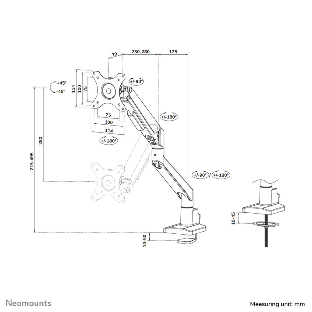 Neomounts DS70-250BL1 Monitor arm 17-35" - gas spring - Topfix - 180°-stop - Image 20
