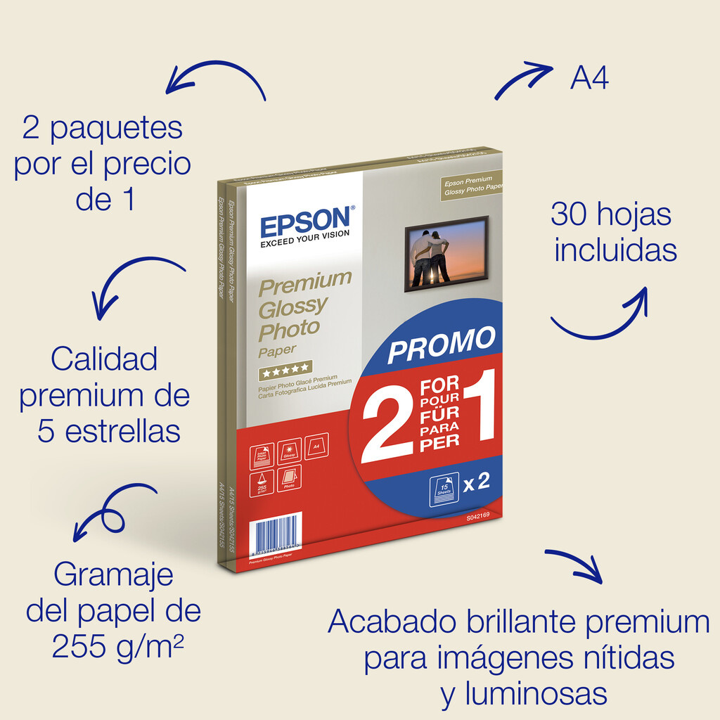 Epson A4 Premium Glossy Photo Paper 255gsm, 30 sheets