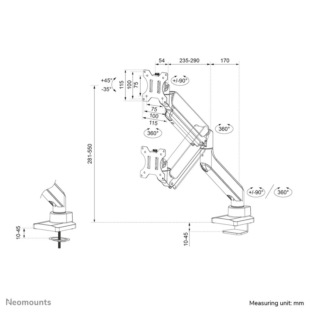 Neomounts DS70-450BL1 Monitor arm 17-42" - gas spring - Topfix - 180°-stop - Image 20