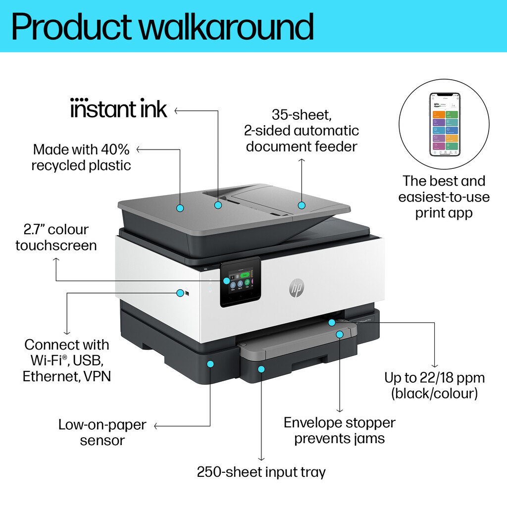 HP OfficeJet Pro 9120e Wireless All-in-One Color Printer, Instant Ink; Two-sided printing - Image 8